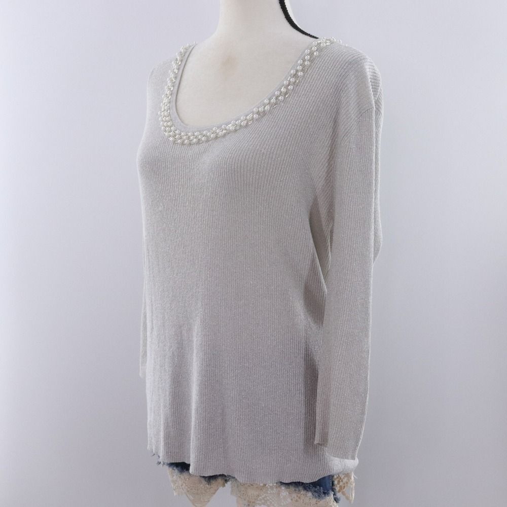August Silk Knit Sweater Pearl Embellished Scoop Neck Silver Metallic‎ XL